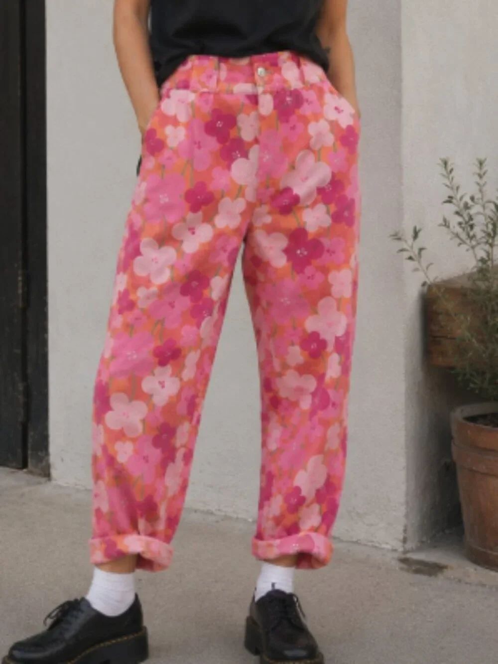 Lucy & Yak Pink Floral High-Waist Tapered Pants